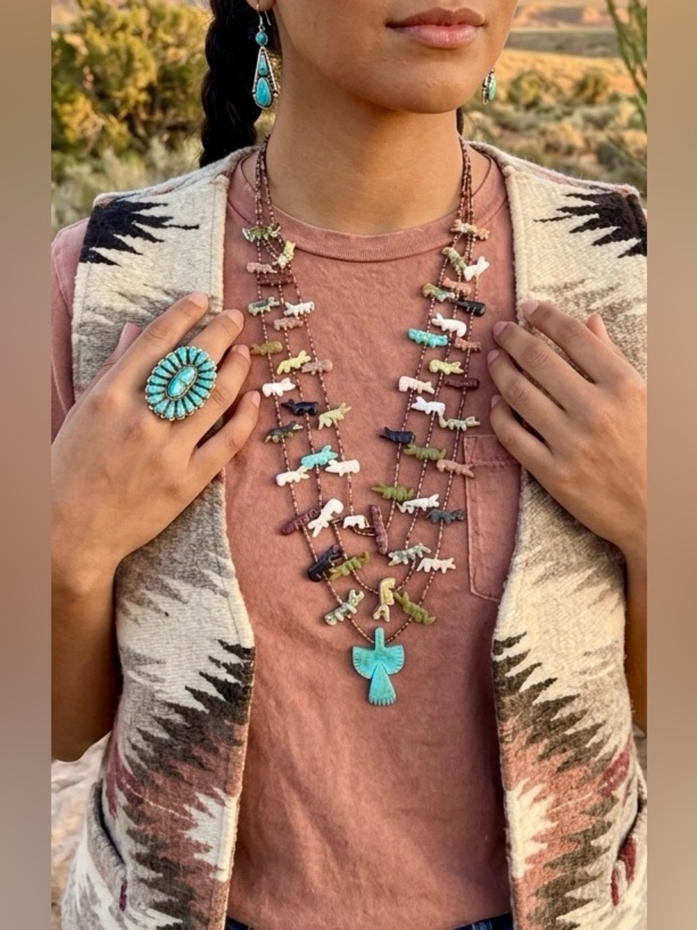 Vintage Zuni Turquoise Multi Stone Multi Strand Fetish Heishi Bead Necklace